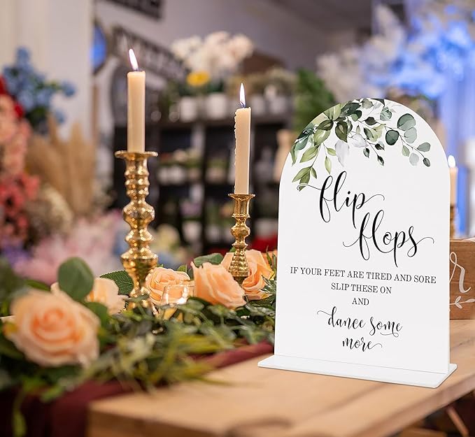 Wedding Signs for Reception, Green Leaves Flip Flops Sign, Wedding Reception Signage, Bridal Shower Table Decorations with Base, Dance Floor Accessories for Proposal, Bridal Shower Events Ceremony, 11