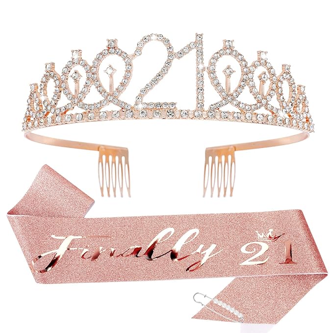 CIEHER Rose Gold 21st Birthday Sash, Tiara and Decorations - Elegant 21 Year Old Birthday Gift Set