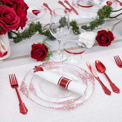 Hioasis 175pcs Clear Red Plastic Plates - Elegant Disposable Dinnerware Set Suitable for 25 Guests Include 10.25" Dinner & 7.5" Dessert Plates, Pre Rolled Silverware Set, Cups for Party & Christmas