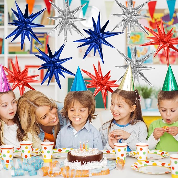 Red Blue Silver Star Balloons,9Pcs 22Inch Blue Red Silver Explosion Spike Cone Helium Star Foil Balloons for 4th of July Independence Birthday Anniversary Usa Patriotic Party Decorations