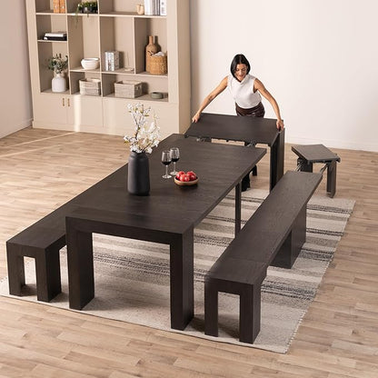 Transformer Table - Solid Wood Extendable Dining Table, Seats 2-12, Expandable Dining Room Table, Space-Saving Furniture, Kitchen and Dining Room Furniture (Black, Table + 2 Benches)