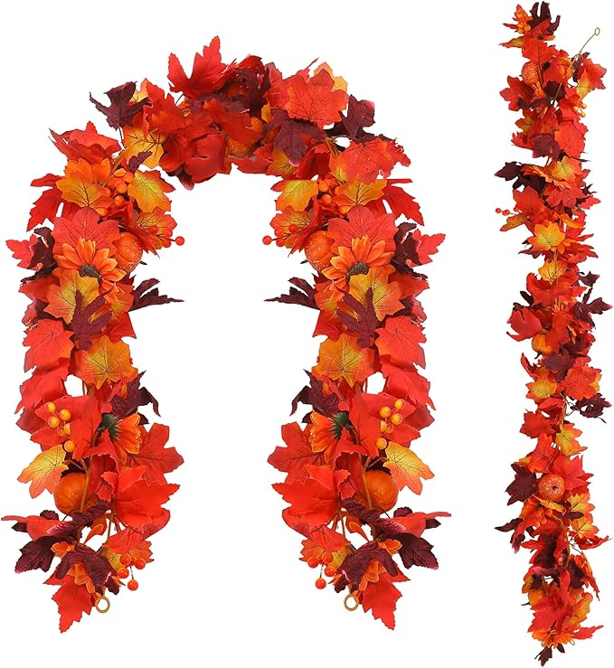 Artificial Fall Garland with Maple Leaves, Pumpkins & Berries – 7Fft Orange Autumn Garland for Thanksgiving, Fireplace Mantel, Doorway & Fall Harvest Table Decor