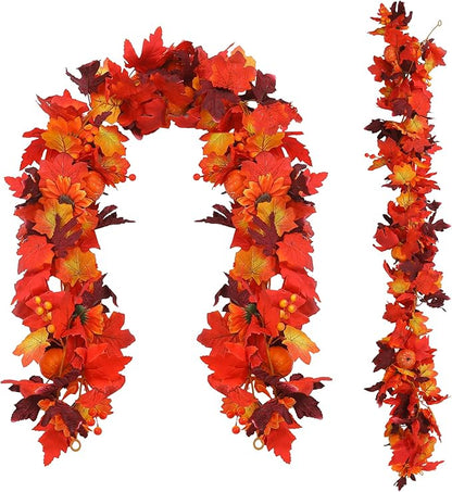 Artificial Fall Garland with Maple Leaves, Pumpkins & Berries – 7Fft Orange Autumn Garland for Thanksgiving, Fireplace Mantel, Doorway & Fall Harvest Table Decor