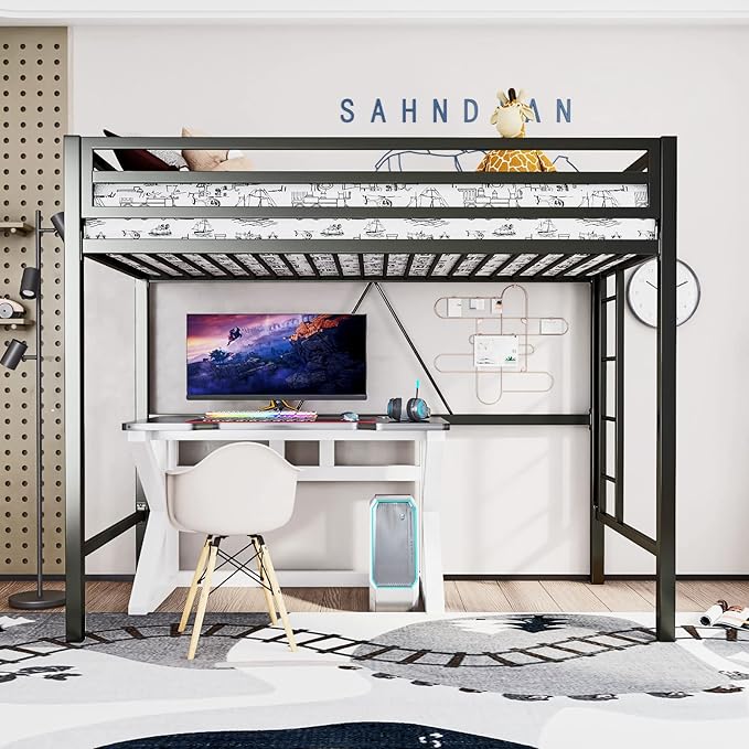 ikalido Metal Loft Bed Twin Size with Safety Guardrail and Ladder, No Box Spring Needed Space Saving Bedroom Furniture, Matte Black