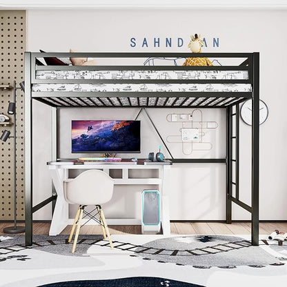 ikalido Metal Loft Bed Twin Size with Safety Guardrail and Ladder, No Box Spring Needed Space Saving Bedroom Furniture, Matte Black