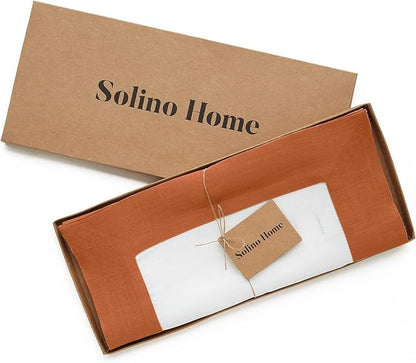 Solino Home Linen Table Runner 60 Inches - 100% Pure Linen Cinnamon and White Small Table Runner 14 x 60 Inch Ideal for Dresser and Coffee Tables - Contempo - Fall, Autumn