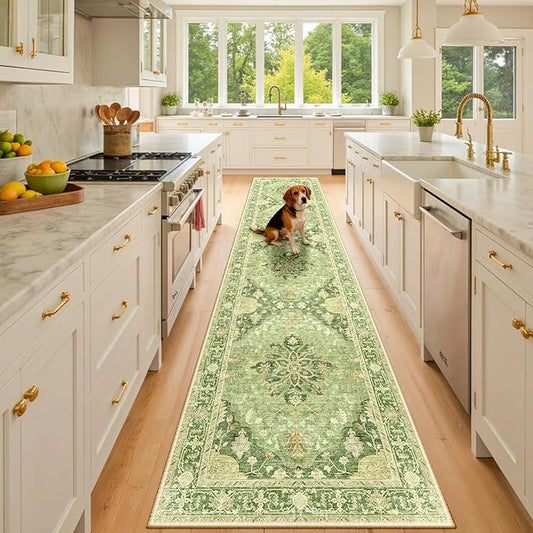 Area Rugs 3'x10' Runner Rug Non Slip Washable for Kitchen Hallway Bedroom Beside Laundry Room Bathroom Rug, Floor Carpet, Sage Green Yellow