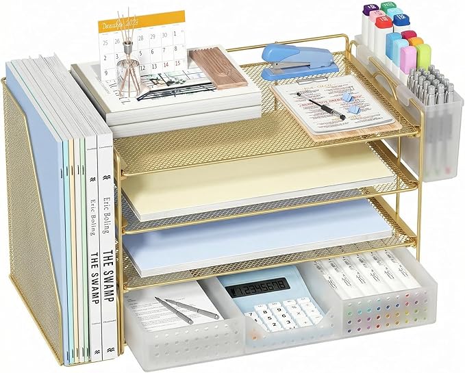 Desk Organizer, 4-Tier Paper Organizer Letter Tray with File Holder, Drawer and 2 Pen Holders, Desktop File Organizer for Office Supplies, Workspace Storage, Gold