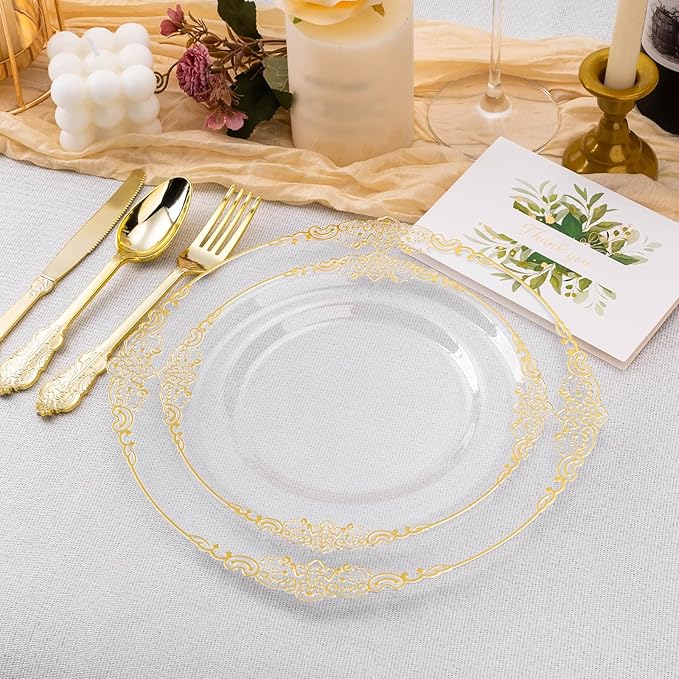 100 PCS Clear and Gold Plastic Plates for 50 Guests, Clear Disposable Plates Include 50 PCS Dinner Plates, 50 PCS Dessert Plates for Party, Wedding and Graduation