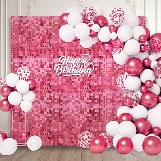 48 PCS Deep Pink Shimmer Wall Backdrop, Laser Square Sequin Photo Backdrops Panel, Glitter Wall Background for Birthdays, Weddings, Halloween, Engagements, Disco Bachelorette Party Decoration (6x8FT)