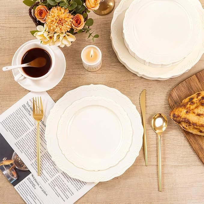 U-QE 100 Pieces Ivory Thanksgiving Plastic Plates for Party - Ivory Disposable Plastic Plates - Heavy Duty Disposable Platos Including 50 Dinner 10 '' & 50 Dessert 7.5 '' for Thanksgiving
