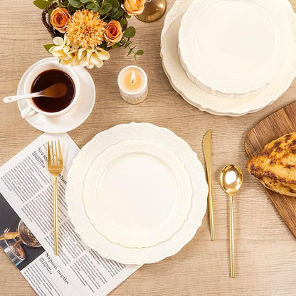 U-QE 100 Pieces Ivory Thanksgiving Plastic Plates for Party - Ivory Disposable Plastic Plates - Heavy Duty Disposable Platos Including 50 Dinner 10 '' & 50 Dessert 7.5 '' for Thanksgiving