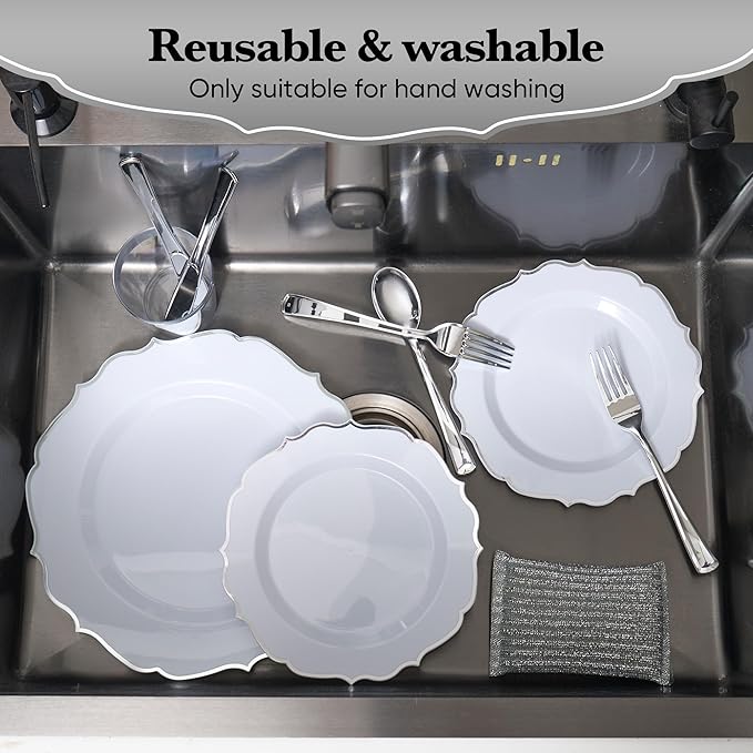 350 PCS Silver Disposable Plates, Scalloped Dinnerware Set for 50 Guests, 100 Plastic Plates, 150 Silverware, 50 Cups & 50 Paper Napkins, Silver