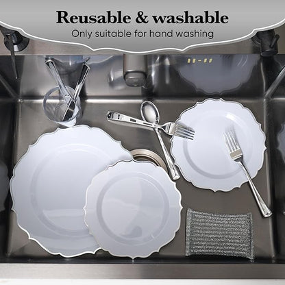 350 PCS Silver Disposable Plates, Scalloped Dinnerware Set for 50 Guests, 100 Plastic Plates, 150 Silverware, 50 Cups & 50 Paper Napkins, Silver