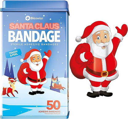 BioSwiss Kids Bandages, Christmas Santa Claus Shaped Self Adhesive Bandage Set, Latex Free, Sterile Wound Care, 50 Count