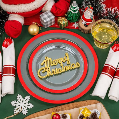 Liacere 350PCS Clear and Red Plastic New Year Plates and Napkins for 50Guests Plastic Dinnerware Set:100 Red Disposable Plates 50 Pre Rolled Napkins with Cutlery,50 Cups for Party＆Christmas