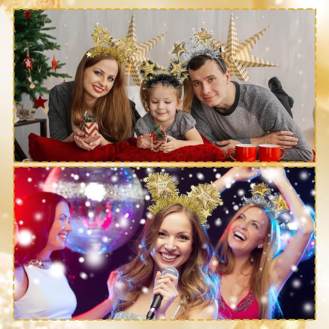 6 Pcs 2026 Happy New Year Headband with Star Boppers Headdresses Black Gold Silver Headdresses for New Year's Eve Party Supplies Holiday Supplies