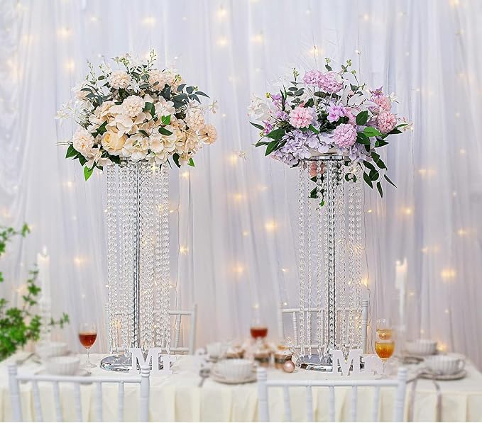 2Pcs 27.5in Tall Silver Elegant Wedding Decor Flower Centerpiece Road Leads with Chandelier Acrylic Crystal Weddings Decoration Centerpiece Stands