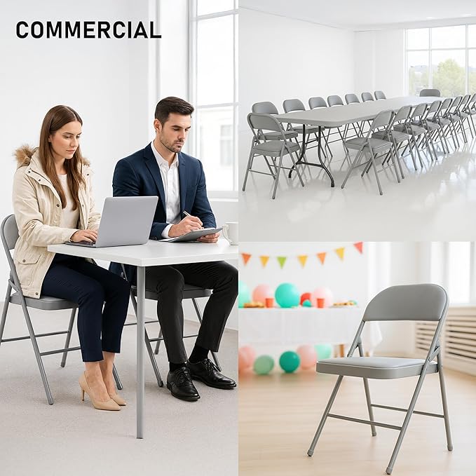SEALAMB 6 Pack Grey Folding Chairs with Padded Seats & Cushion, Durable Metal Foldable Chairs for Wedding Party, Commercial Chairs for Office School Church Events, 330lb Capacity (Grey-PU, 6 Pack)