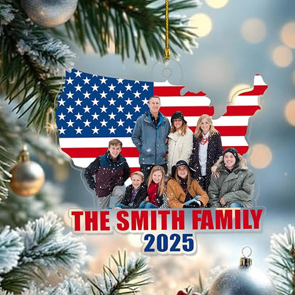 God Family Country Ornament 2025 – Personalized Acrylic USA Flag Ornament, Custom Photo Patriotic Christmas Tree Decoration, Memorial Keepsake Gift for Family, Veterans & Proud Americans
