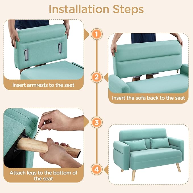 Yaheetech 46" Small Modern Fabric Sofa Loveseat Mid Century 2 Seater Sofa Couch with Lumbar Pillows, Solid Wood Legs for Living Room, Small Space, Dorm, Office, Bedroom, Aquamarine