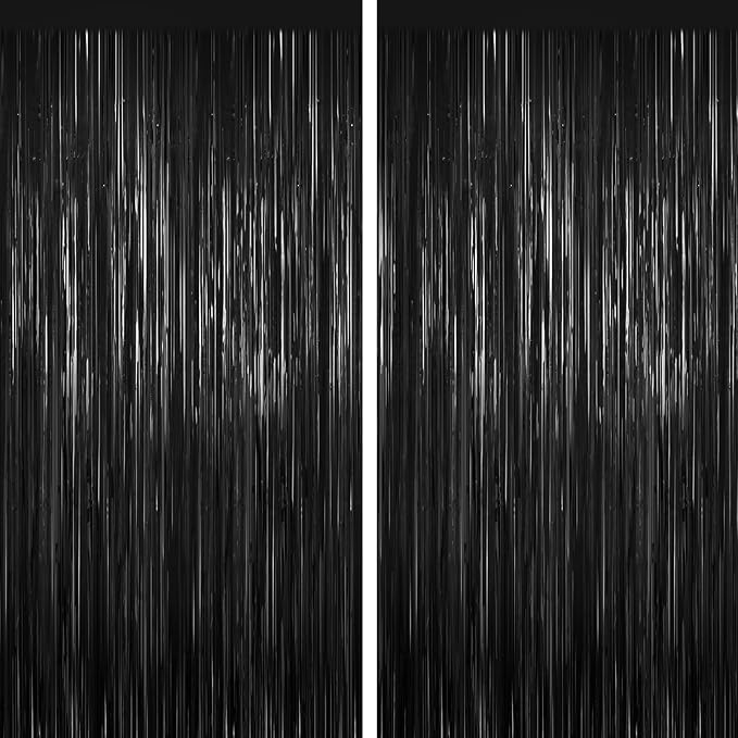 Black Tinsel Backdrop Foil Fringe Curtains - 2 Packs Door Streamers Backdrop for Birthday Door Decorations, Party Supplies for Bachelorette, Graduation, Christmas, Disco Decor