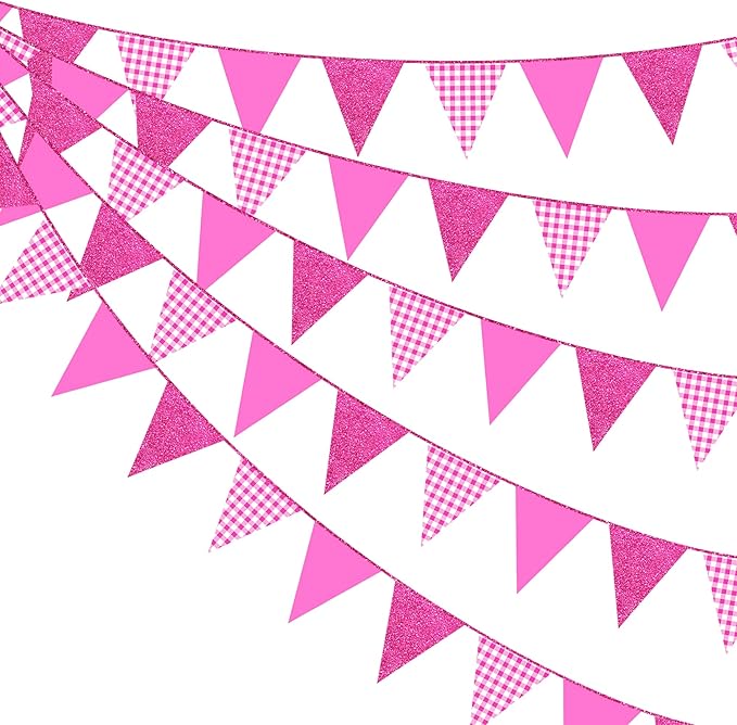 Hot Pink Buffalo Plaid Party Decorations Pennant Banner Flag Hot Pink Glitter Paper Triangle Hanging Bunting for Birthday Bachelorette Baby Shower Anniversary Wedding Bridal Shower Hen Party Supplies