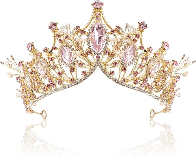 COCIDE Gold Tiara and Crown for Women Pink Gem Rhinestone Baroque Queen Headband for Girl Crystal Mermaid Princess Hair Accessories for Bride Birthday Party Bridesmaids Halloween Costume Cosplay