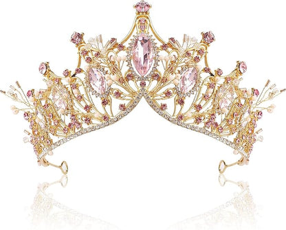 COCIDE Gold Tiara and Crown for Women Pink Gem Rhinestone Baroque Queen Headband for Girl Crystal Mermaid Princess Hair Accessories for Bride Birthday Party Bridesmaids Halloween Costume Cosplay
