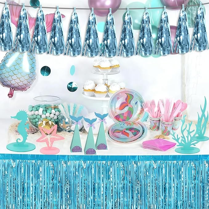 3P Light Blue Tassel Banner Garland Metallic Foil Fringe Banner Tinsel Tassels Streamer Banner Backdrop for Parade Floats, 2025 Graduation Decorations, Wedding Party Decoration