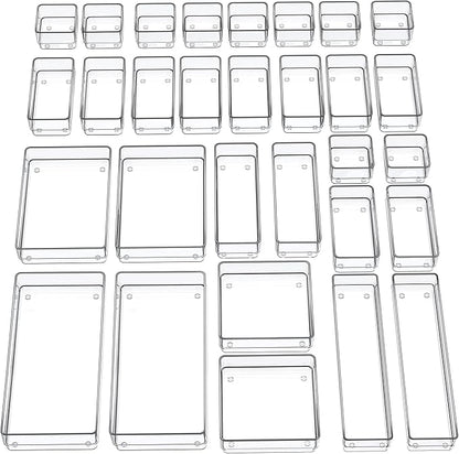 SMARTAKE 30-Piece Drawer Organizer with Non-Slip Silicone Pads, 7-Size Desk Drawer Organizer Trays Storage Tray for Makeup, Jewelries, Utensils in Bedroom Dresser, Office and Kitchen (Clear)