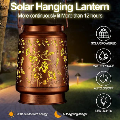Solar Lantern Outdoor Hanging Waterproof Outside Metal Openwork Hummingbird Pattern Birthday Gifts for Women Mom Landscape Lights for Porch Garden Yard Patio Pathway Decor(Two Hummingbirds)