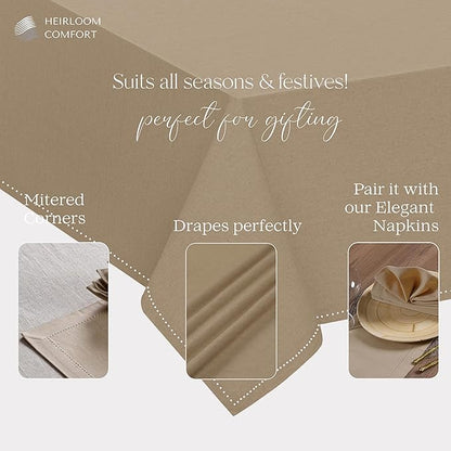 Beige Tablecloth, 100% Cotton Table Cover 60x102 Inch, Fits 8-10 Seats, Soft, Durable, Washable, Wrinkle Resistant, Rectangle Table Cloth for Dining, Home Decor, Dinner, Everyday Use