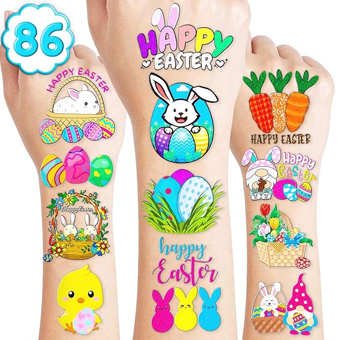 86PCS Easter Bunny Temporary Tattoos – Cute Easter Egg Tattoo Stickers, Bunny Theme Birthday Party Favors, Supplies, Decorations, Gifts for Kids Boys Girls, School Prizes, Carnival Rewards
