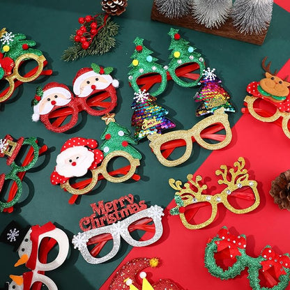 16 Pieces Christmas Glitter Eyeglasses Holiday Party Glasses Supplies Antlers Reindeer Snowman Shape for Xmas Decorations Assorted Styles