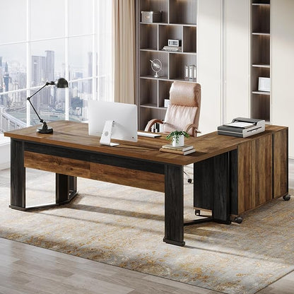 Tribesigns 70.86" Executive Desk with Mobile File Cabinet, Large L Shaped Computer Office Desk with 2 Drawers and Storage Shelves, Business Furniture Desk Workstation for Home Office (Rustic Brown)