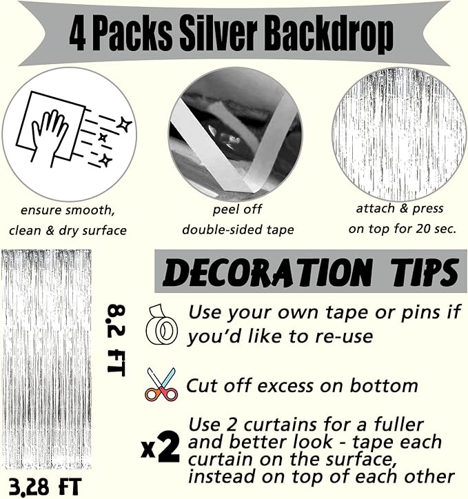 4 Pack 2024 New Year Fringe Curtain Backdrop, 3.2Ft x 8.2Ft Metallic Tinsel Foil Fringe Streamers Background for Photo Booth Birthday Wedding Baby Shower Carnival Easter Party Decorations Silver