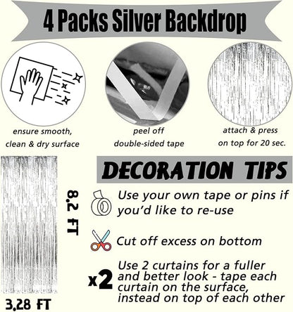 4 Pack 2024 New Year Fringe Curtain Backdrop, 3.2Ft x 8.2Ft Metallic Tinsel Foil Fringe Streamers Background for Photo Booth Birthday Wedding Baby Shower Carnival Easter Party Decorations Silver