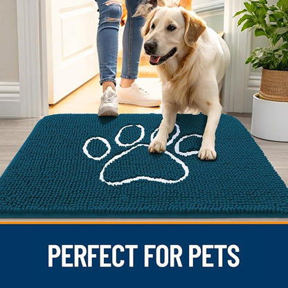 OLANLY Dog Door Mat for Muddy Paws 32x20, Paw Print Design, Absorbs Moisture and Dirt, Absorbent Non-Slip Washable Doormat, Quick Dry Chenille Mud Mat, Entry Indoor Entryway Carpet, Atlantic Blue