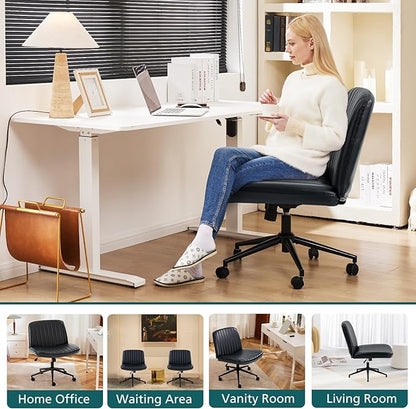 OLIXIS Criss Cross Chair with Wheels Wide Cross Legged Office Desk Vanity Chair Comfy Fabric Armless Adjustable Swivel for Home Computer Task PU Black