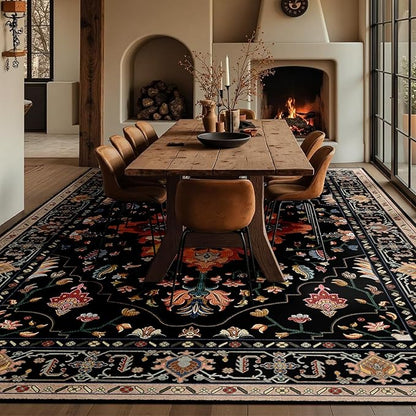 Area Rugs 6'x9' Washable Non-Slip, Floral Vintage Distress Print Pattern Medallion Carpet for Living Room Bedroom Dining Room, Black Colorful Floral Dark Tan
