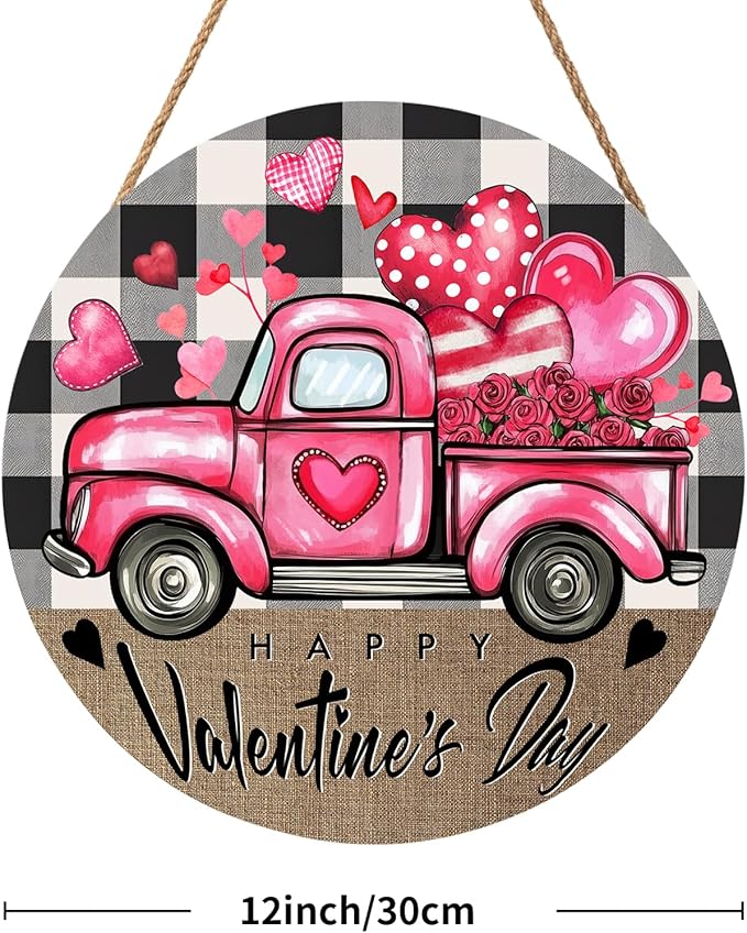 Valentines Day Door Sign for Front Door Farmhouse Pink Truck Hearts Wood Hanger 12"x12" Buffalo Plaid Check Heart Outdoor Outside Porch Decor Happy Valentines Wreath Pediment Plaque Wall Hanging