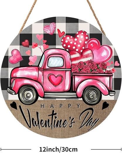 Valentines Day Door Sign for Front Door Farmhouse Pink Truck Hearts Wood Hanger 12"x12" Buffalo Plaid Check Heart Outdoor Outside Porch Decor Happy Valentines Wreath Pediment Plaque Wall Hanging