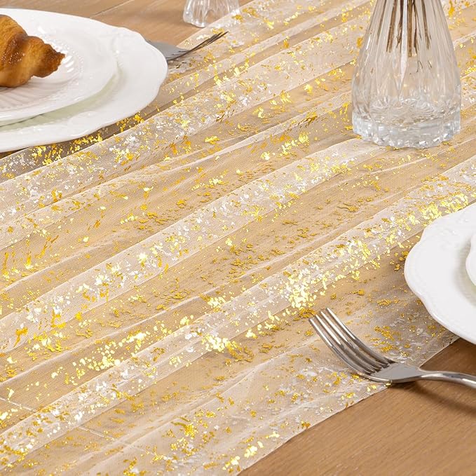 Beige Gold Table Runner 3 Pack Sheer Gauze Cheesecloth Runner 120 Inch Glitter Wedding Anniversary Party Decor for Dining Table Home Celebration