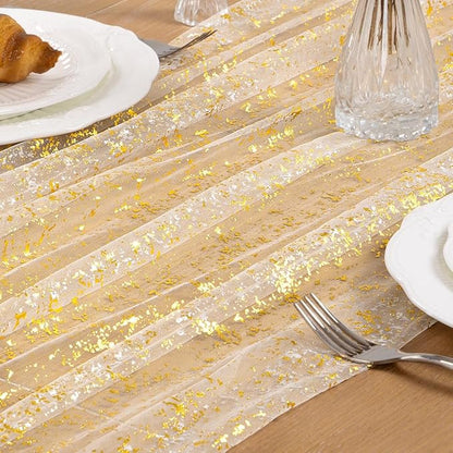 Beige Gold Table Runner 3 Pack Sheer Gauze Cheesecloth Runner 120 Inch Glitter Wedding Anniversary Party Decor for Dining Table Home Celebration