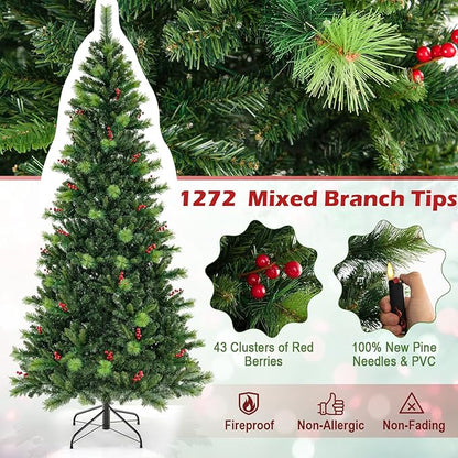 GOFLAME 8FT Pre-Lit Christmas Tree, Hinged Artificial Xmas Tree with Pine Needles, 1272 Branch Tips, 43 Clusters of Red Berries, 500 LED Lights, 9 Lighting Modes, 4 Brightness, Remote Control & Timer