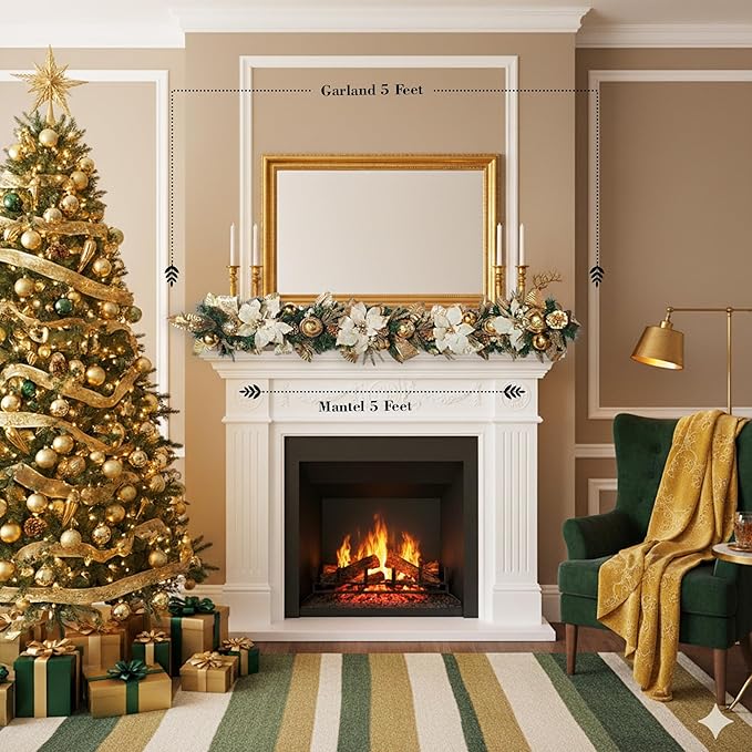 Holiday Tree White Gold Poinsettia Garland 5 Ft – Luxurious Christmas Garland with Metallic Accents, Festive Home Décor for Mantels, Doors & Tables