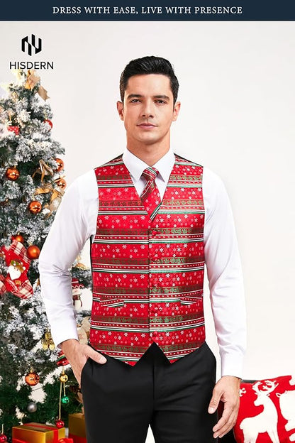 HISDERN Men's Suit Vest Christmas Holiday Season Party Jacquard Waistcoats Necktie Pocket Square Vest Suit Set