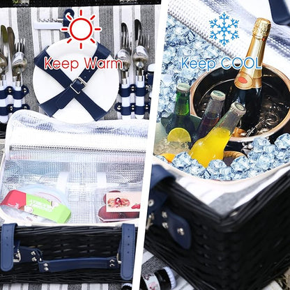Wicker Picnic Basket for 4 with Waterproof Picnic Blanket and Insulated Cooler, Willow Hamper for Camping, Outdoors, Photoshoot, or a Birthday, Mother's Day, Wedding Gift, Black
