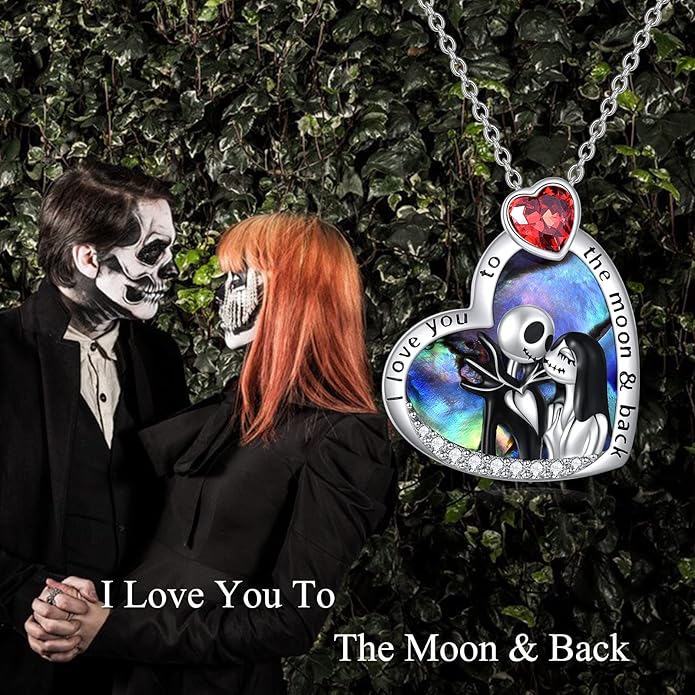 LILALO Christmas Gifts Nightmare Necklace Sterling Silver Abalone Shell Crystal Jack and Sally Necklace Jack Skellington Skull Jewelry Skull Necklaces for Women